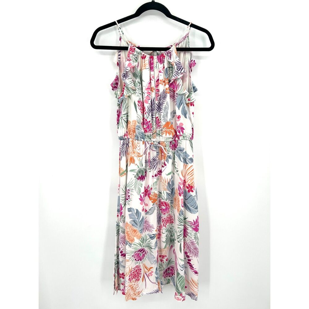 MONSOON Pink Green Floral Print Hawaiian Ruffle Sleeveless Summer Dress Size 4